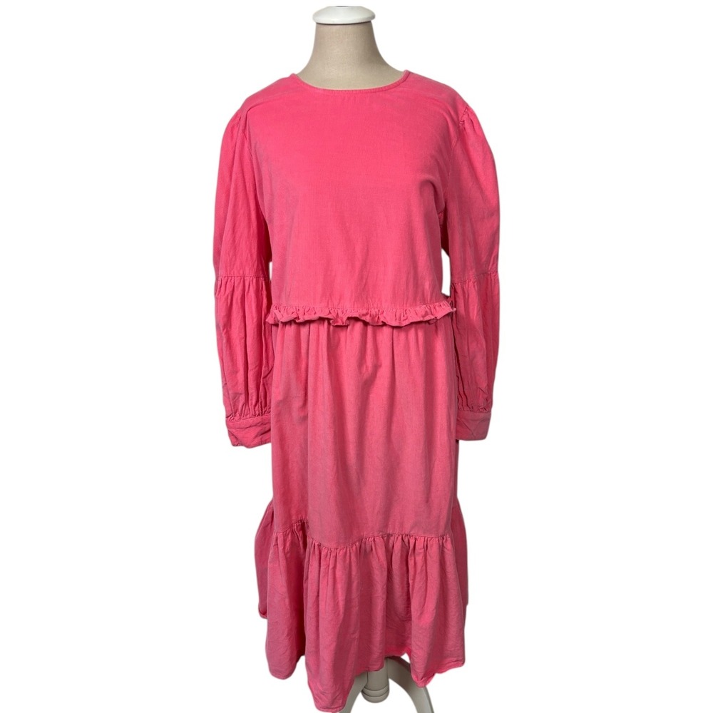 Asos Denim Pink Corduroy Frill Smocked Tiered Midi Dress Long Sleeve Sz US 14 - Picture 8 of 9
